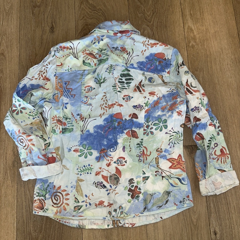 Chico's Top Jacket Whimsical Sea Life Nautical Print Blue Linen Cotton Woman's 1 - Picture 4 of 6